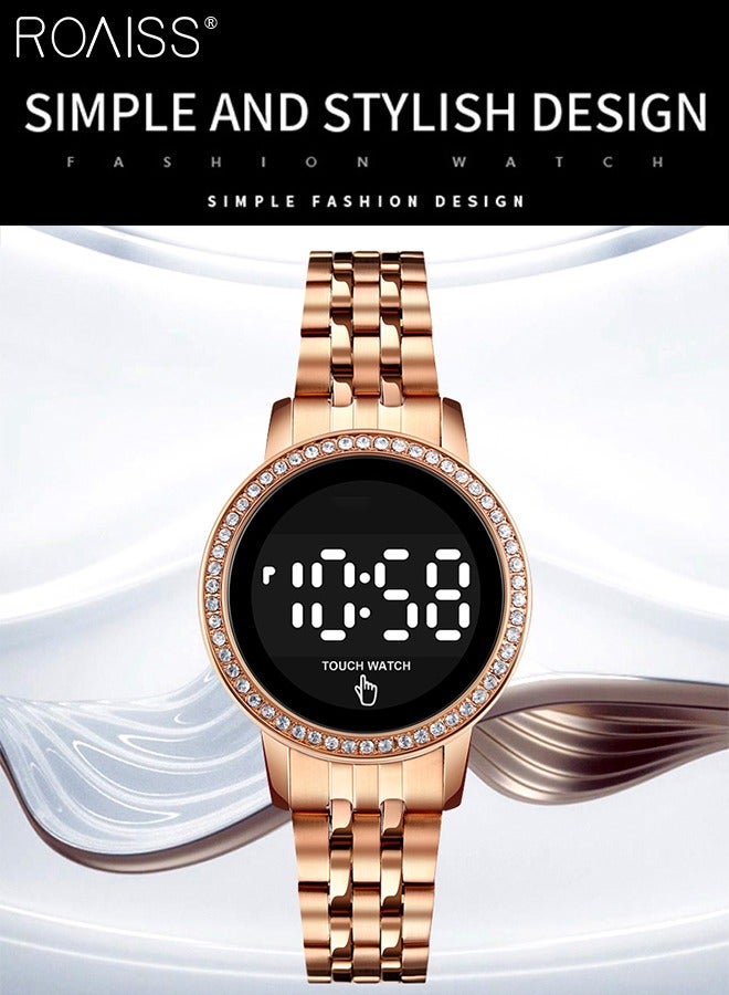 رويس ساعة يد نسائية رقمية بشاشة تعمل باللمس بمينا دائري وإطار مزخرف بأحجار الراين، ساعة مضيئة مقاومة للماء بحزام من الفولاذ المقاوم للصدأ مع شاشة عرض تقويم، ذهبي وردي - Image 5